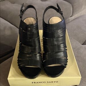 Franco Sarto Black Leather Strappy Cutout Slingback Heels
